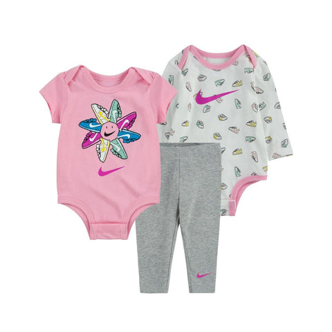 Nike｜深灰色/粉紅色女嬰連身衣和緊身褲套裝(三件套)｜3個月適用